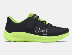 Under Armour – Boys’ Pre-School UA Pursuit 3 AC Big Logo Running Shoes – Black/Morph Green/Mod Gray